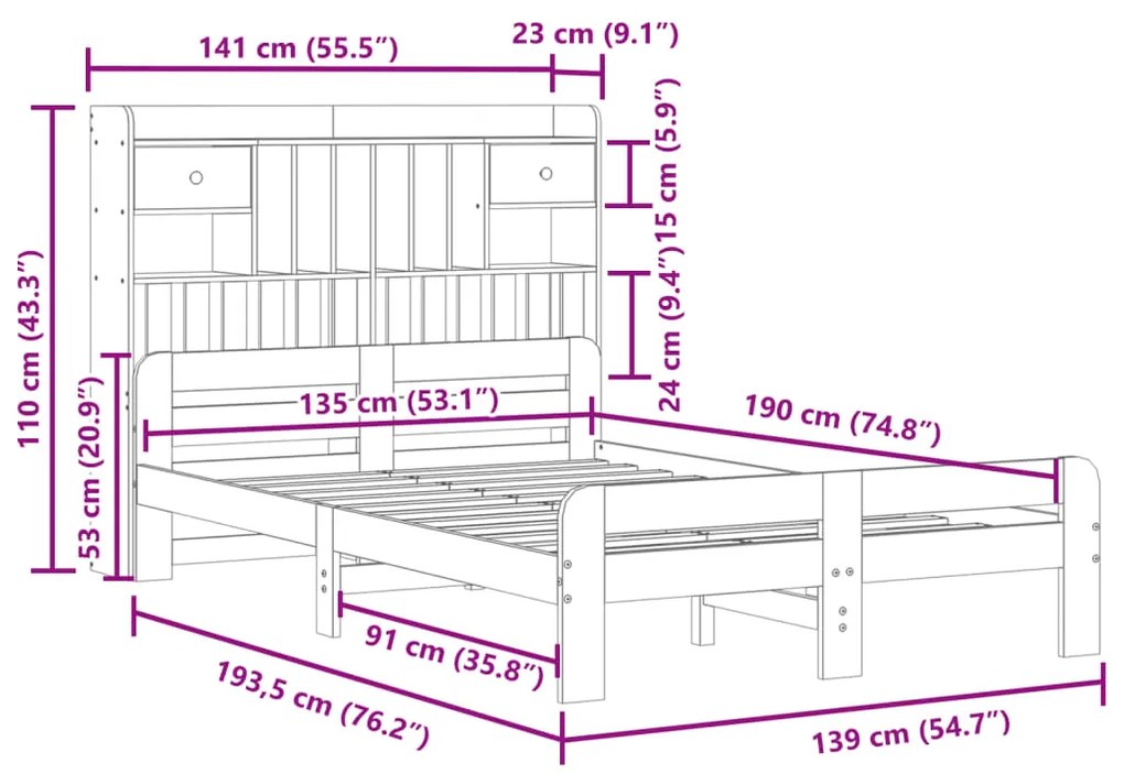 Cama com estante sem colchão 135x190 cm pinho maciço