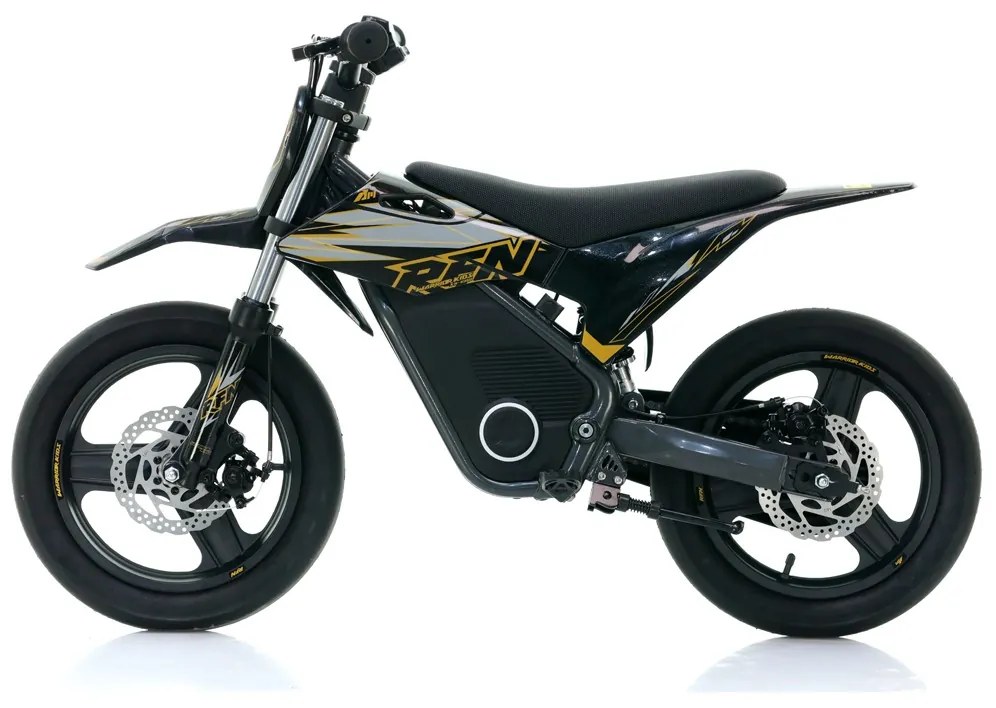 Mini moto elétrica para crianças velocidade até 30Km/h C/Limitador RFN SX-E350 WARRIOR 350W Supermotard 14/14” Preto e Dourado
