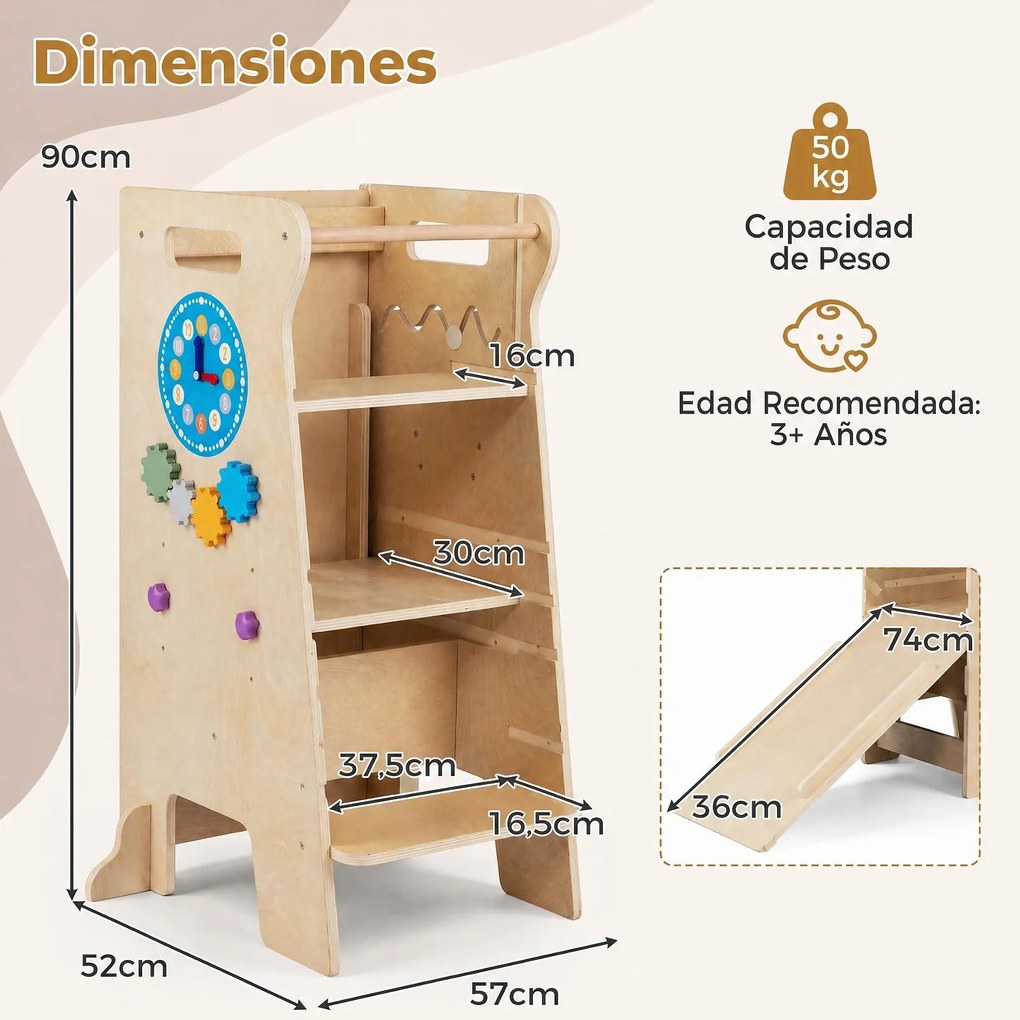 (REVISÃO) Torre de Aprendizagem Infantil Montessori 4 em 1, 57 x 52 x 90 cm, Altura Ajustável, Natural