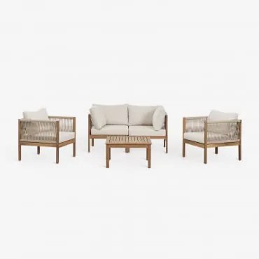 Conjunto De Sala De Estar Com Sofá Modular De 2 Peças Com Braços, 2 Poltronas E Mesa De Centro Em Madeira De Acácia Branson Branco Gardênia - Castanho