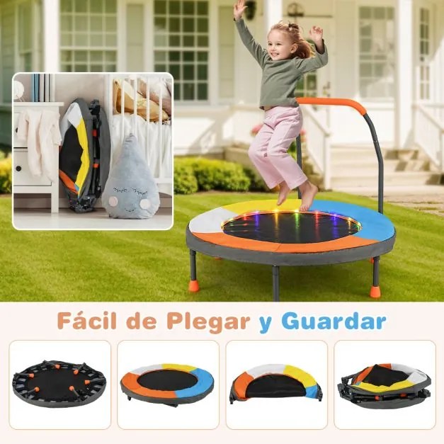 Mini trampolim de 90 cm para crianças com luzes dobrável para interior e exterior com barra de espuma e cobertura de segurança Multicolorido