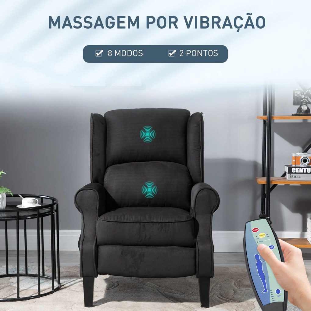 Poltrona de Massagem Poltrona Relax Reclinável com Controlo Remoto 2 Áreas de Massagem Bolso Lateral 78x83x101 cm Preto