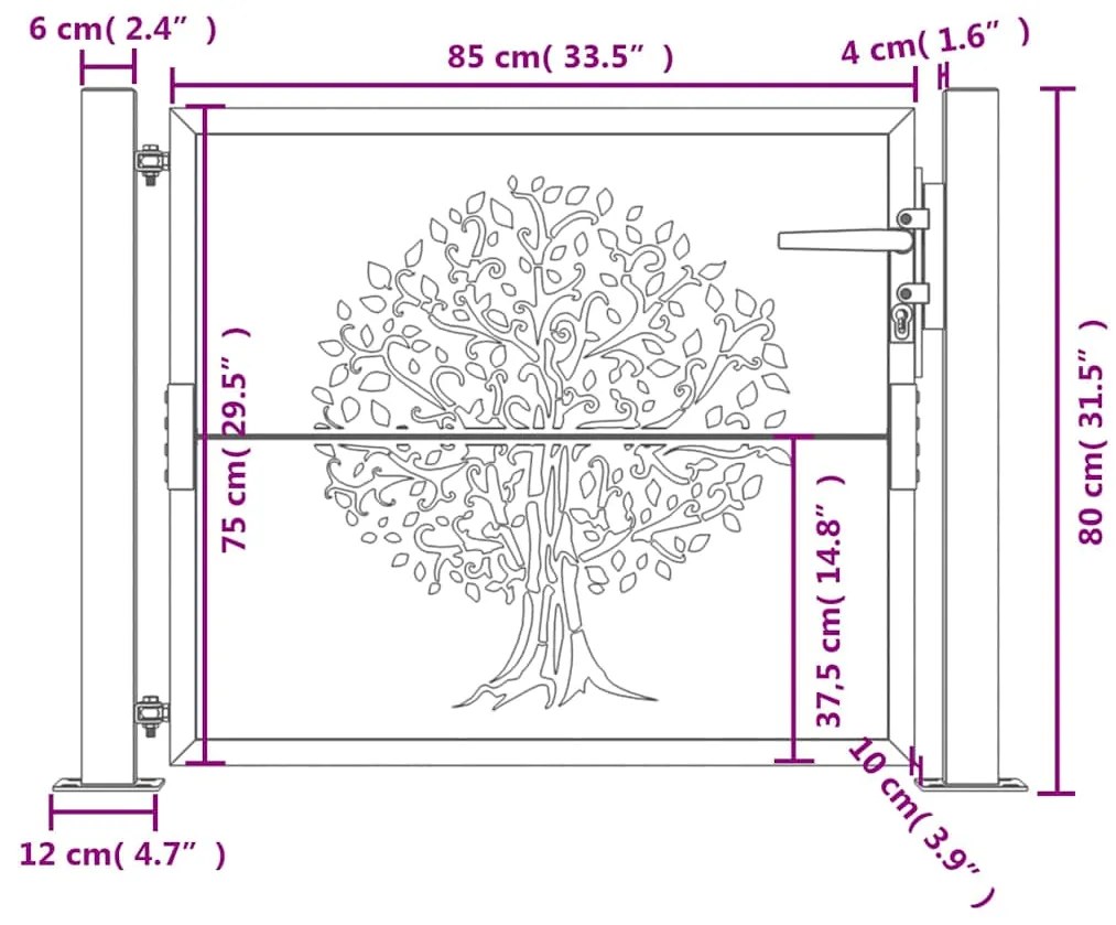Portão de jardim 105x80 cm aço corten design árvore