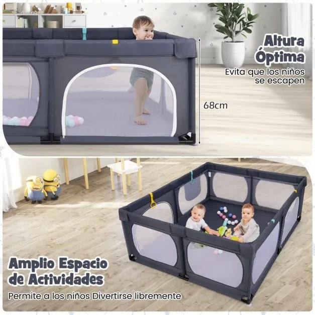 Parque para bebés dos 0 aos 3 anos com 4 argolas 50 bolas do oceano Bolso de arrumação em rede respirável com fecho de correr Cinzento escuro