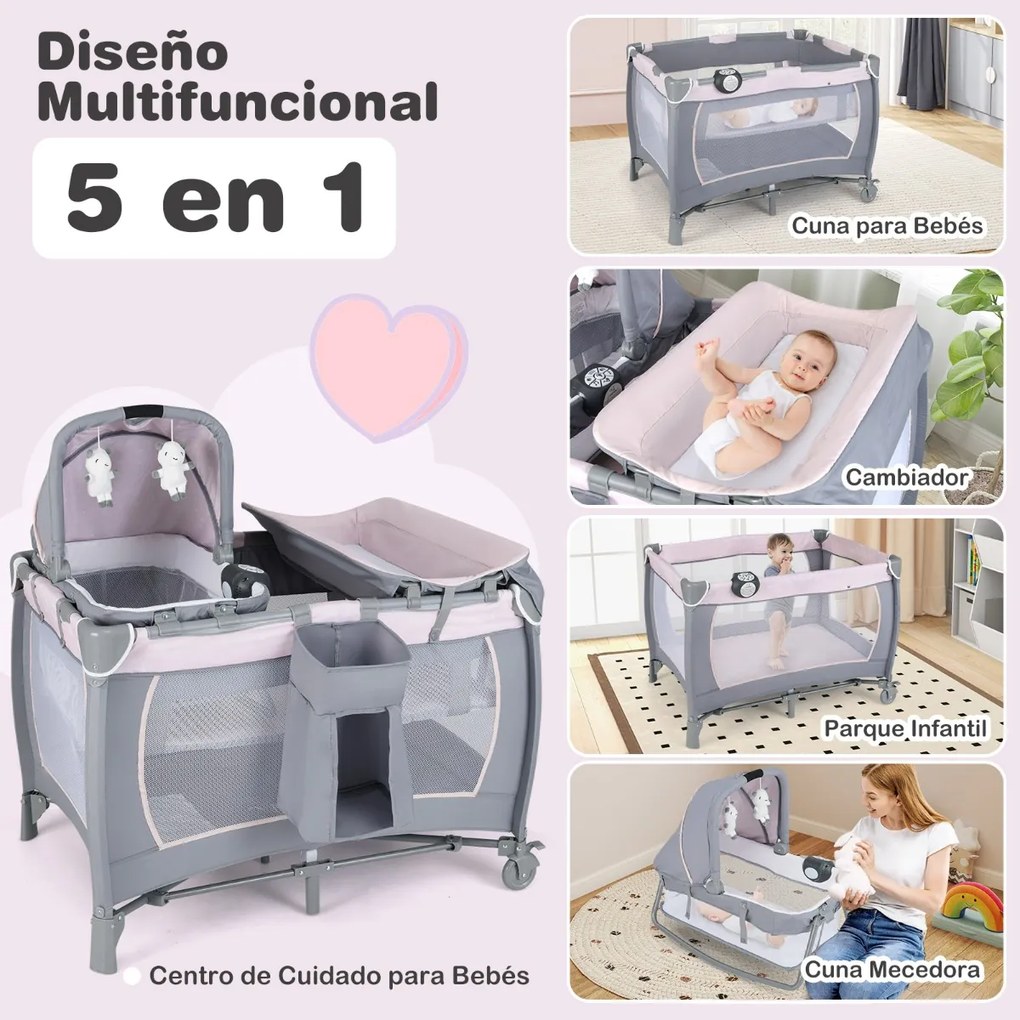 Berço dobrável e portátil 106 x 74 x 74 cm Parque infantil com berço de balanço e trocador Barra de brinquedos Caixa de música e bolsa de transporte C
