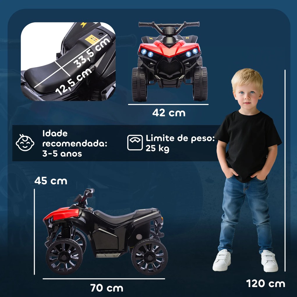 Mota 4 elétrica para Crianças 6 V Quadriciclo para Crianças com Velocidade até 3 km/h Faróis e Música 70x42x45 cm Vermelho