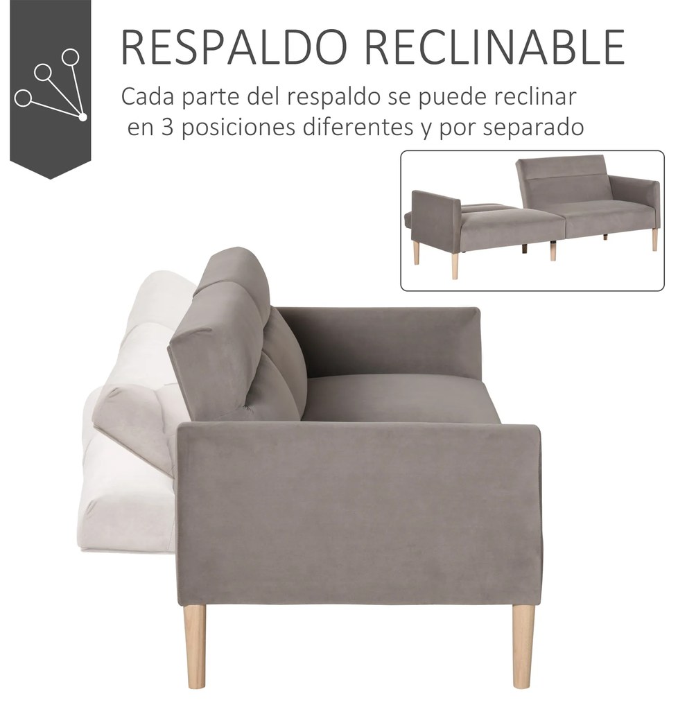 HOMCOM Sofá-Cama Convertível e Reclinável com Apoios de Braços e 2 Encostos Ajustáveis ​​Separadamente em 3 Posições Aveludado 196x85x82 cm Cinza
