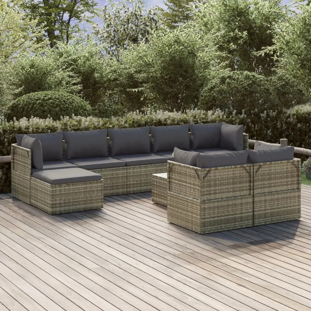 vidaXL 10 pcs conjunto lounge de jardim c/ almofadões vime PE cinzento
