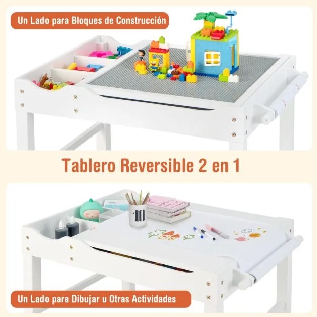 Mesa de actividades para crianças em madeira com encosto reversível, compartimentos e suporte para rolos de papel 86,5 x 60 x 57 cm-Branca