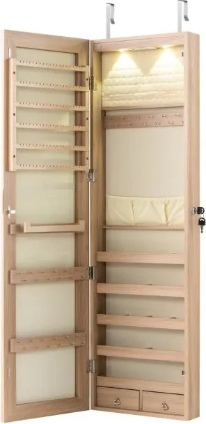 Armário de joias em madeira com espelho de parede e LED interno Organizador de porta ou parede com chave 35,5 x 10 x 120 cm Natural