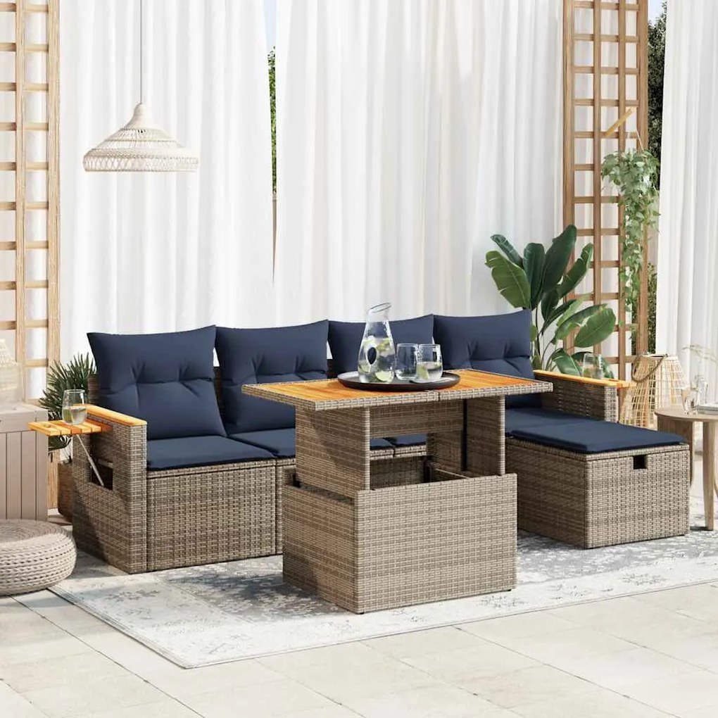 vidaXL 6 pcs conjunto sofás jardim com almofadões PE/acácia cinzento