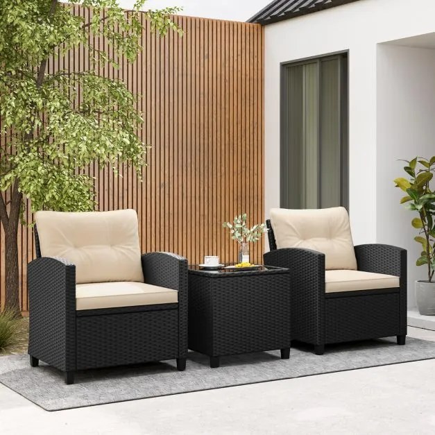 Conjunto de móveis de jardim de 3 peças de rattan com almofadas de assento e encosto e Mesa de centro de vidro temperado preto / creme