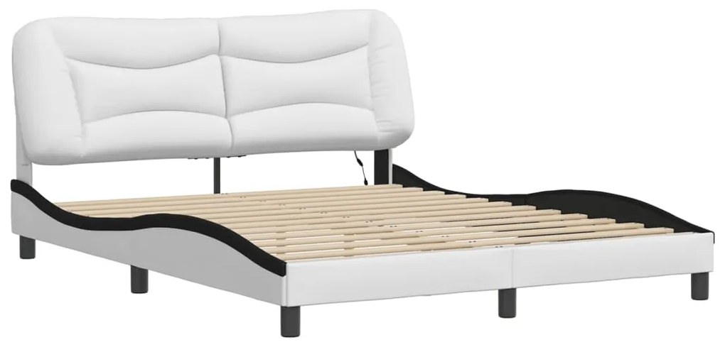 Estrutura cama c/ luzes LED 160x200cm couro artif. branco/preto