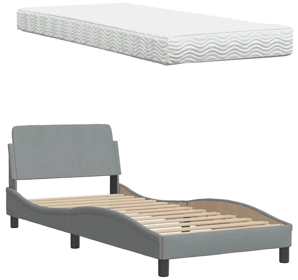 Cama com colchão 90x190 cm tecido cinzento-claro
