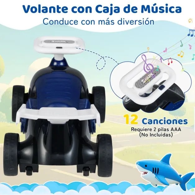 Andarilho infantil Tubarão com música, arrumação debaixo do assento e rodas universais para crianças dos 19 aos 36 meses Preto+Azul