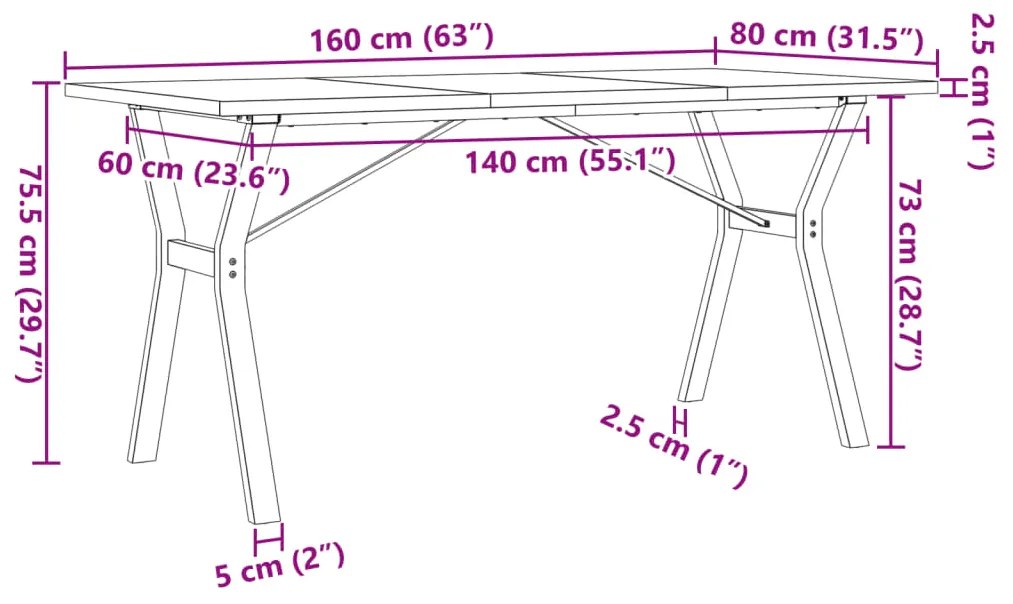 Mesa de jantar estrutura em Y 160x80x75,5cm pinho/aço