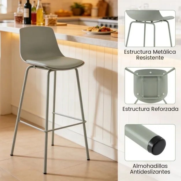 Conjunto de 4 bancos de bar com encosto acolchoado, apoio para os pés e pernas de metal verde