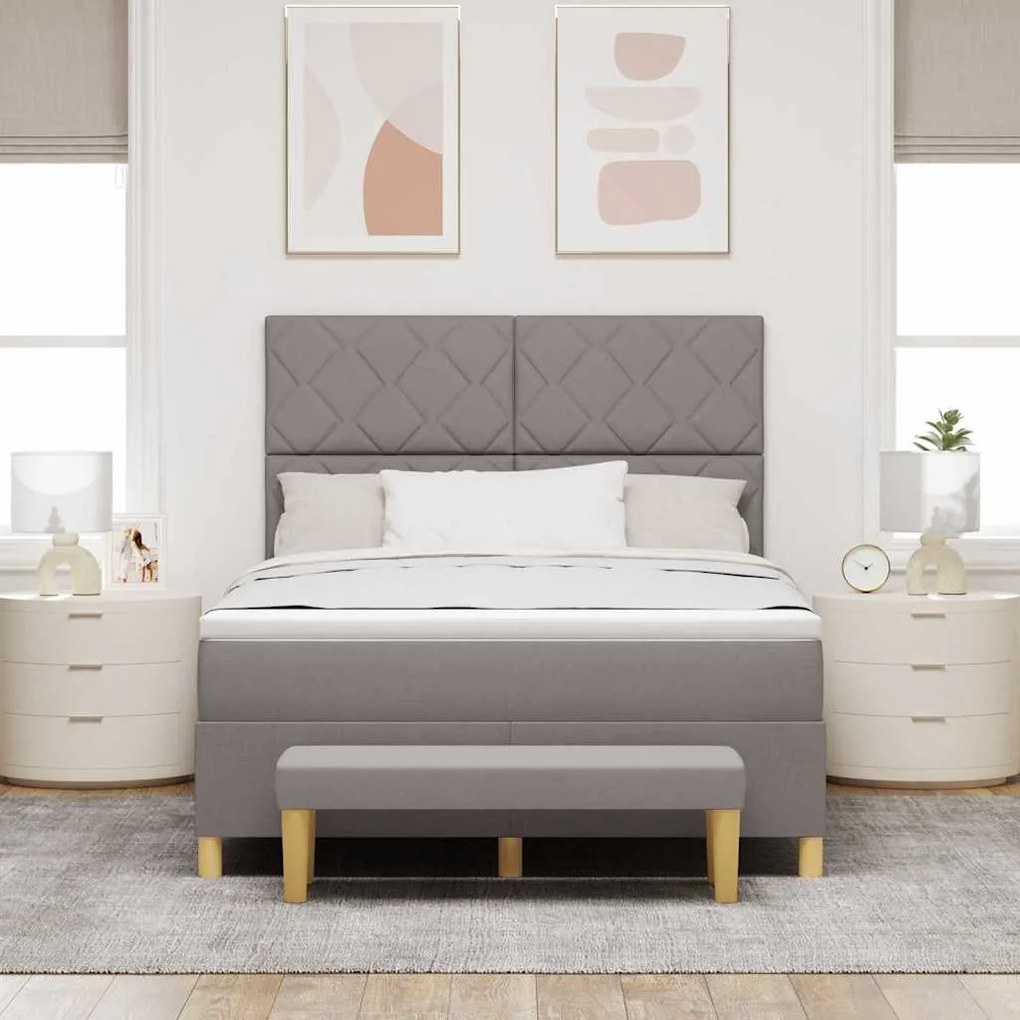 Cama Box Spring com Colchão &amp; Banco Taupe 140x190 cm Tecido