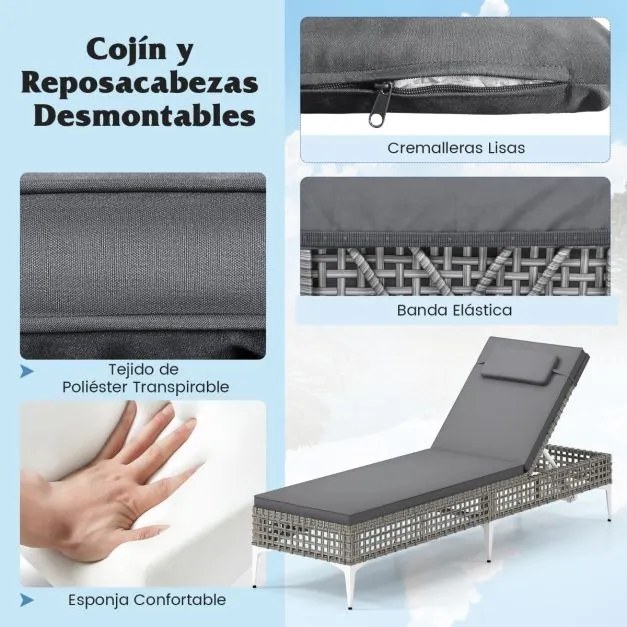 Espreguiçadeira de jardim com encosto ajustável em 6 níveis, almofada e apoio para a cabeça removíveis com capa com fecho de correr cinzenta