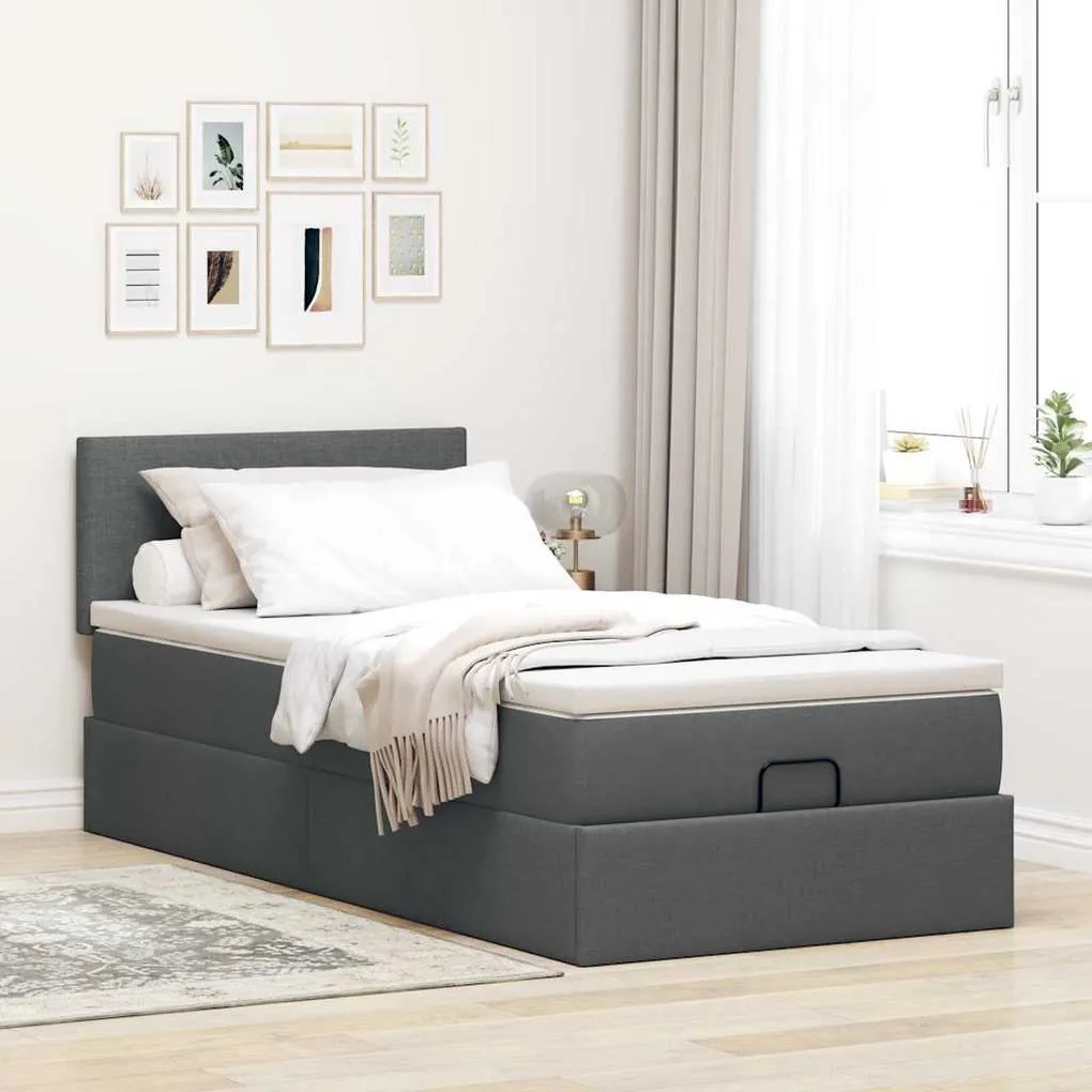 Cama otomana com colchão & LEDs 90x200cm tecido cinzento escuro