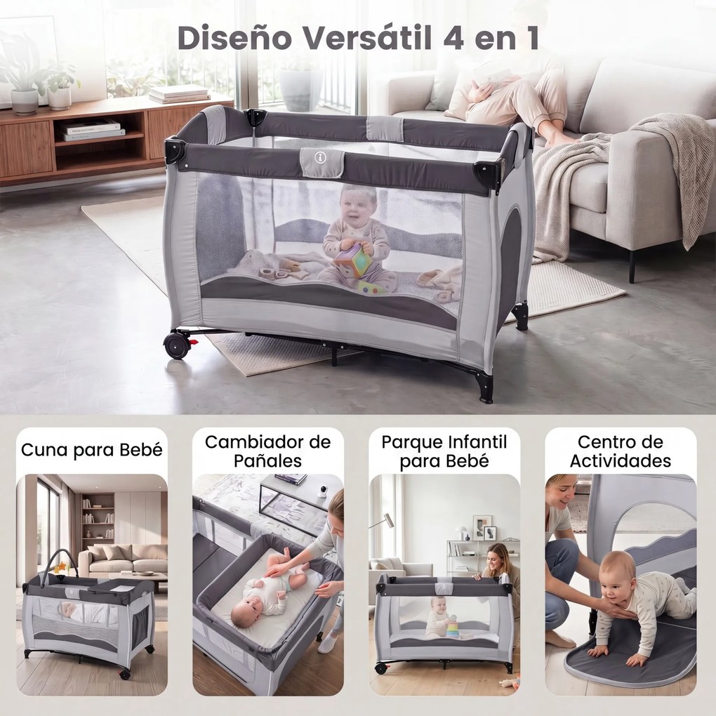 Berço de Viagem para Bebé, 127 x 74 x 90,5 cm, Multifuncional 4 em 1, Cinzento