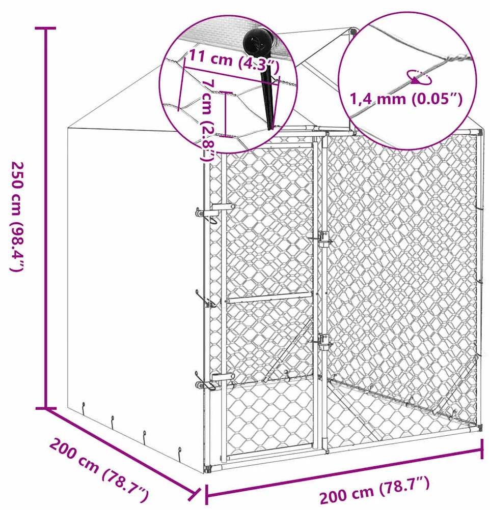 Canil de exterior com teto 2x2x2,5m aço galvanizado prateado