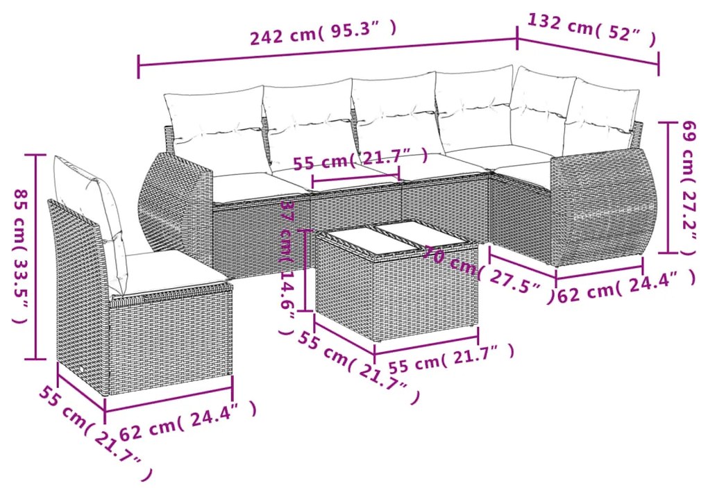 7 pcs conjunto de sofás jardim c/ almofadões vime PE castanho