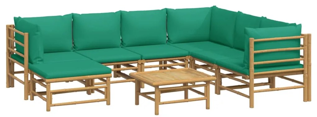 8 pcs conjunto lounge de jardim bambu c/ almofadões verdes