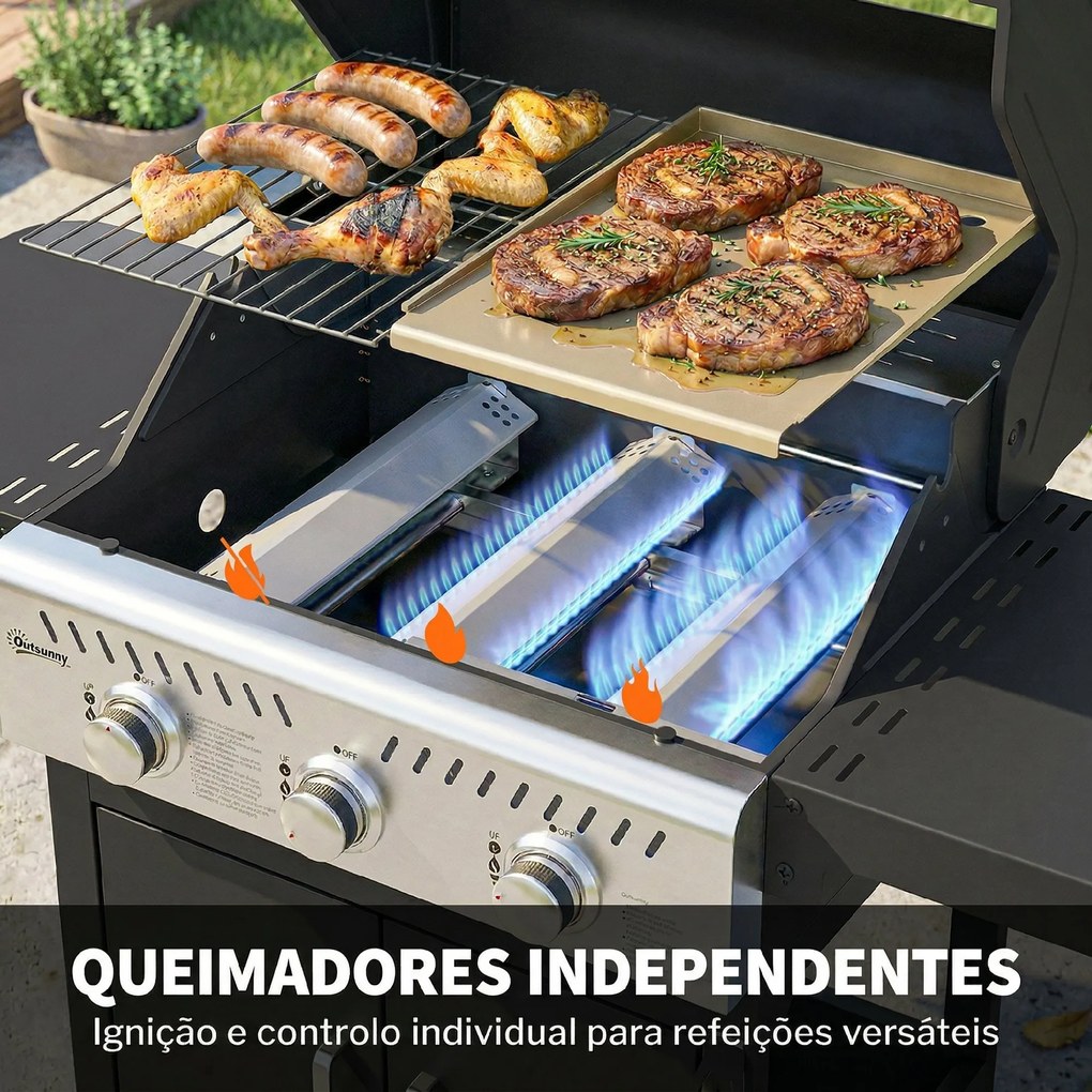 Grelhador a Gás Portátil com 3 Queimadores 7,5 kW Termómetro Mesas Laterais Dobráveis Armário Grelha Aquecedora Chapa 125x57x110 cm Preto