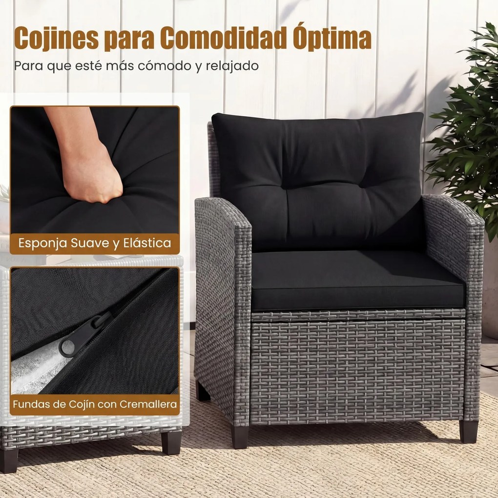 Conjunto de jardim de 3 peças, composto por cadeiras de rattan e mesa com tampo de vidro temperado para pátio, rattan em mistura de cinzento com almof