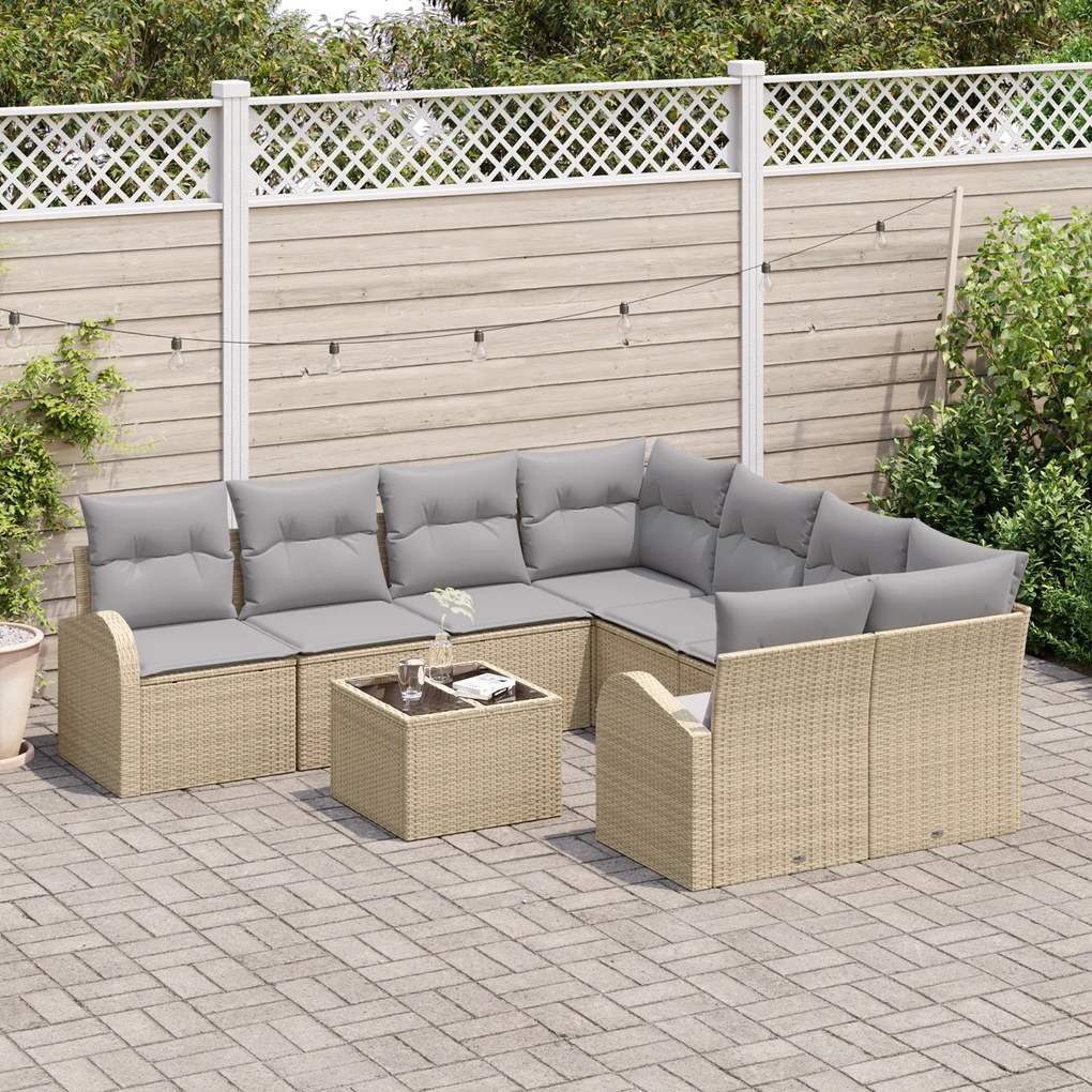 Conjunto de Sofá de Jardim vidaXL de 9 Peças com Almofadas Bege Rattan