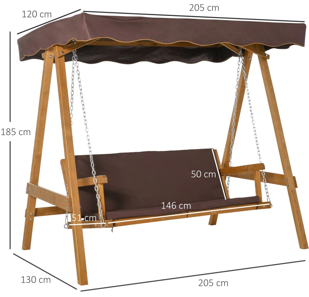 Outsunny Balanço de jardim de madeira para 3 lugares com almofada e encosto acolchoado removível e Ângulo do toldo e altura de assento ajustável ao ar livre 205x130x185 cm marrom