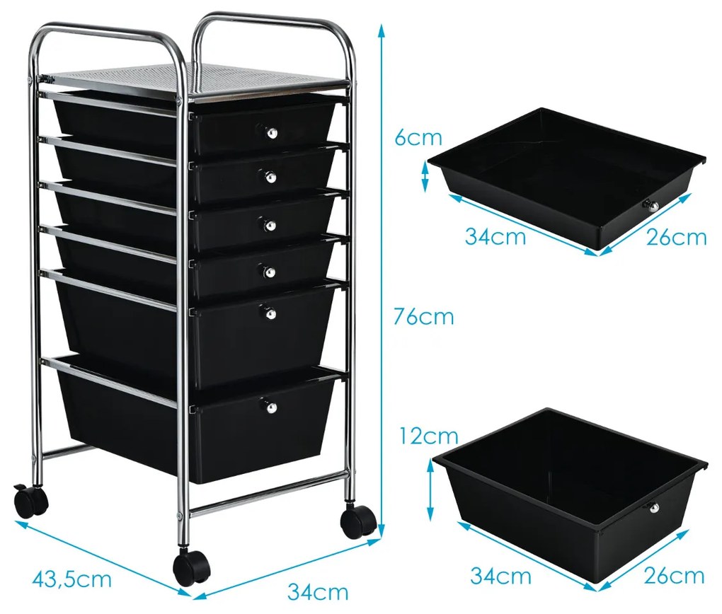 Carrinho com rodas auxiliar de armazenamento com 6 gavetas empilháveis removíveis para cozinha ou escritório 34 x 43,5 x 76 cm Preto
