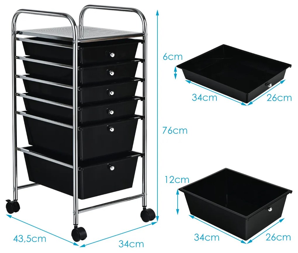 Carrinho com rodas auxiliar de armazenamento com 6 gavetas removíveis multiusos 34 x 43,5 x 76 cm Preto