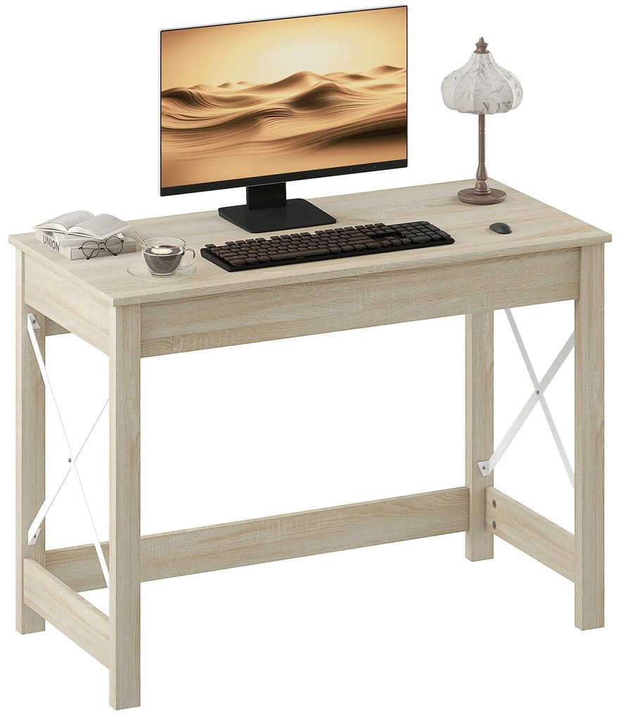 HOMCOM Secretária Moderna Mesa de Estudo com Estrutura de Aço Mesa de Computador 105x50x76 cm Madeira e Branco