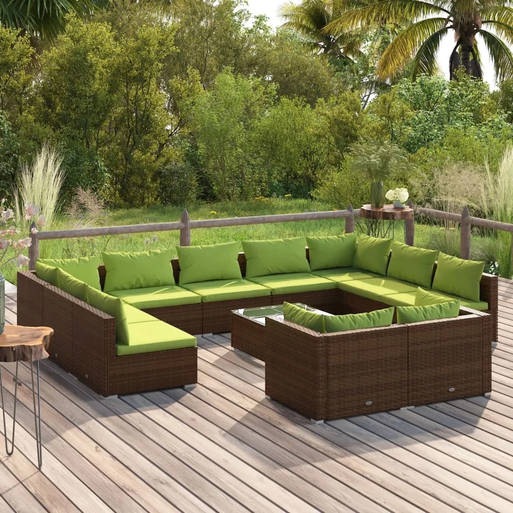 12 pcs conjunto lounge de jardim c/ almofadões vime PE castanho