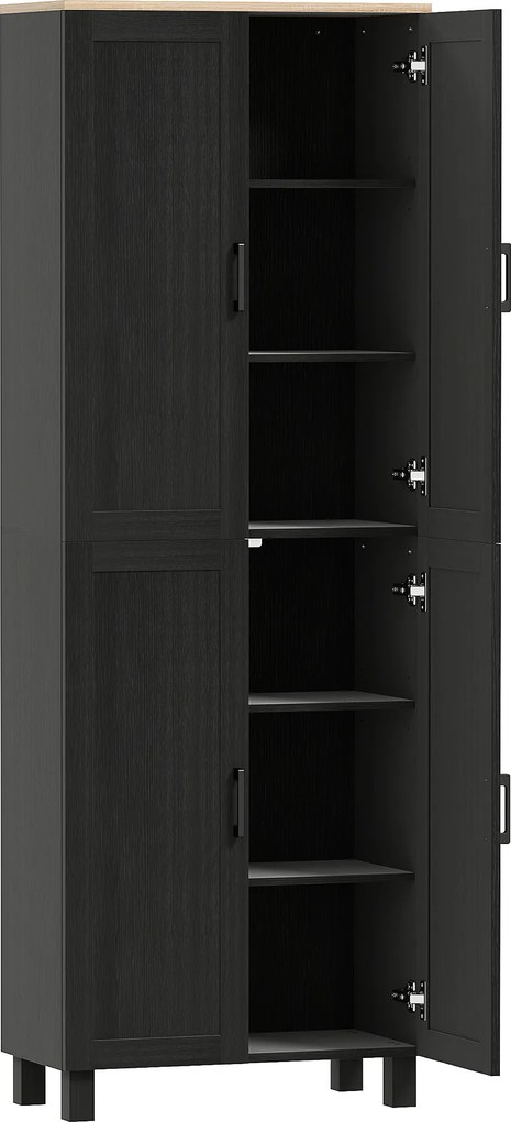 HOMCOM Armário Despensa de Cozinha em Madeira com 5 Prateleiras Ajustáveis e 4 Portas, 60x30x170.5 cm, Preto | Aosom Portugal