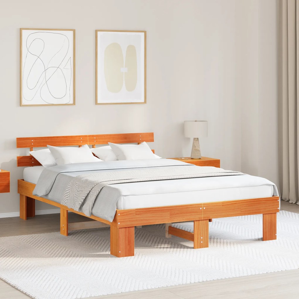 Estrado de Cama com Cabeceira Castanho Encerado 140x200 cm Madeira Mac