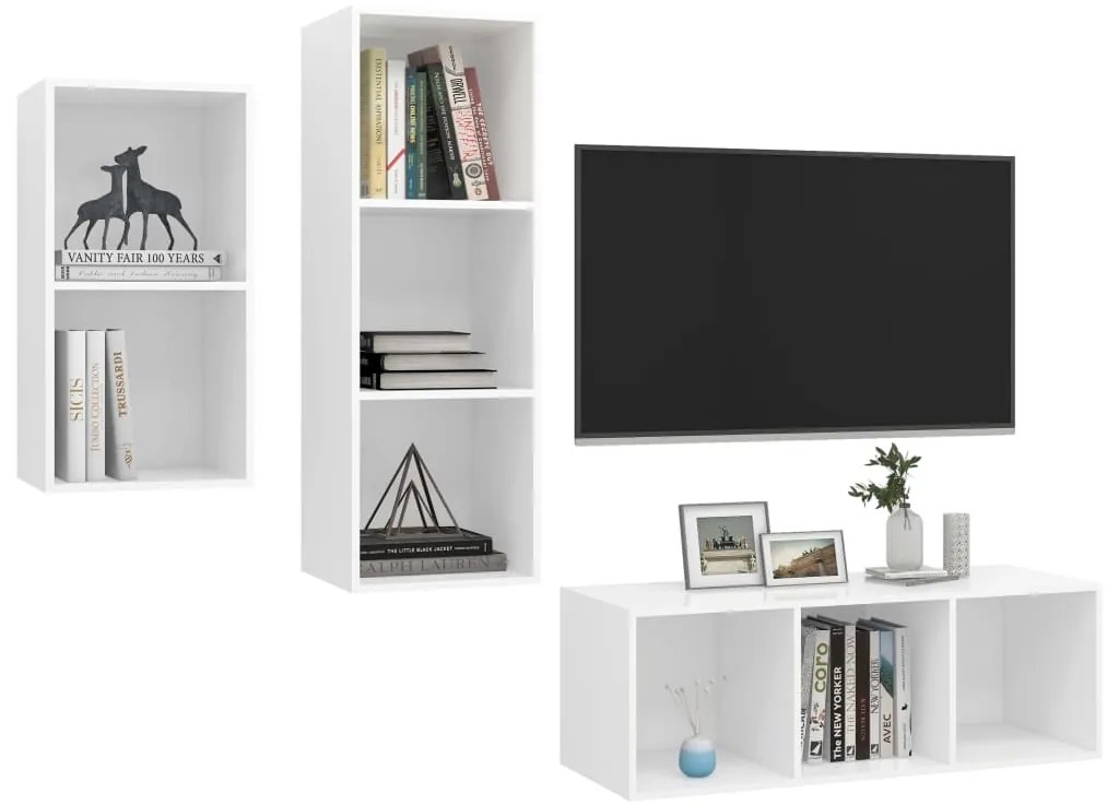 3 pcs conjunto de móveis de TV contraplacado branco