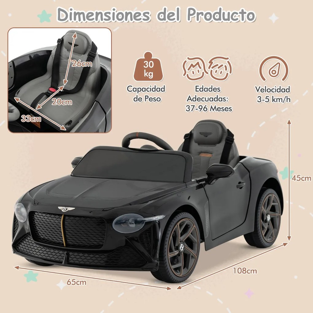 Carro elétrico infantil licenciado Bentley Bacalar 12V com controlo remoto 108 x 65 x 45 cm Preto