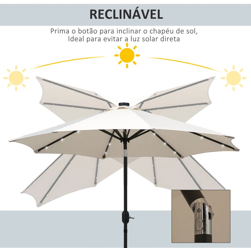 Outsunny Chapéu de Sol de Jardim Ø270x240cm com 24 Luzes LED Solar Mecanismo de Inclinação Manivela e Mastro Desmontável de Metal para Terraço Piscina Pátio Creme