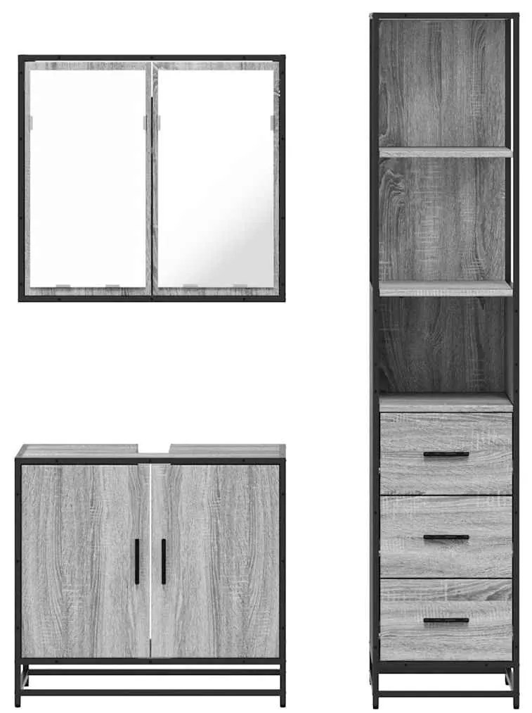 3 pcs Conjunto móveis casa de banho madeira proc. cinza sonoma