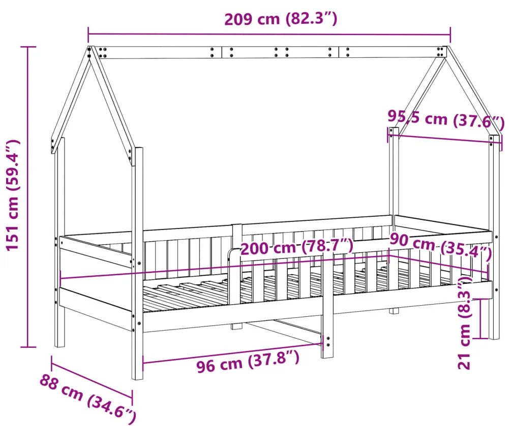 Cama infantil formato de casa 90x200 cm pinho maciço branco