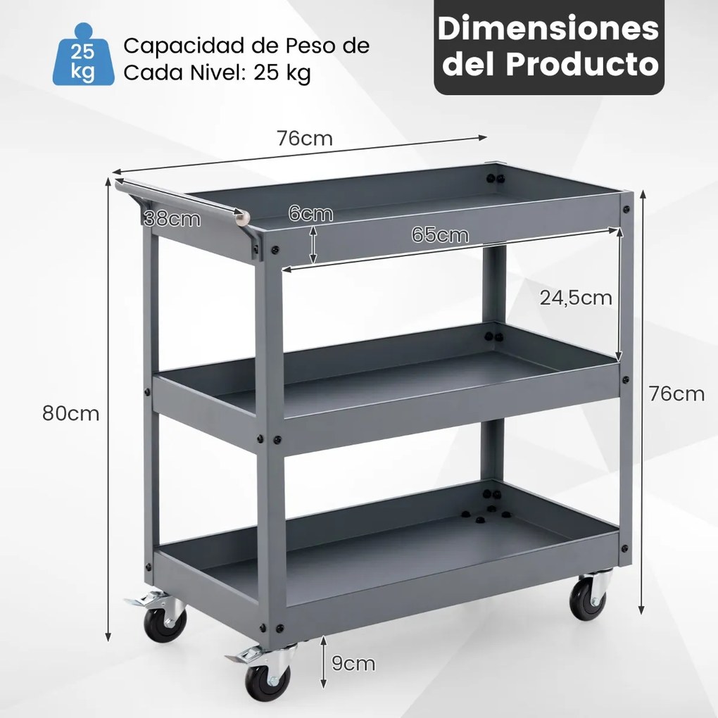 Carrinho utilitário de 3 níveis de alta capacidade metal 77,5 x 38 x 79 cm com 3 prateleiras e pega ergonómica Rodas para escritório Garagem Cinza