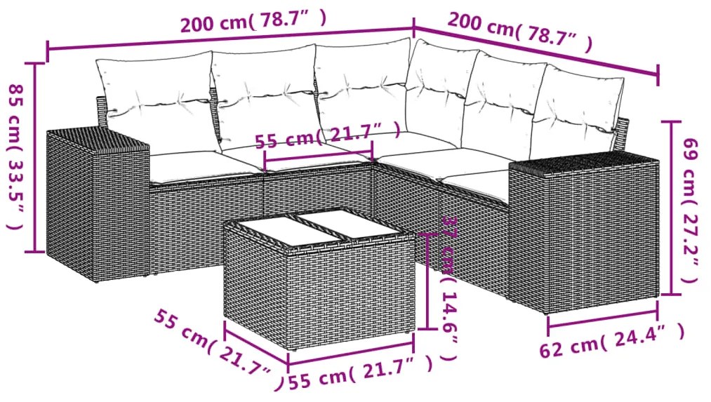 6 pcs conj. sofás jardim com almofadões vime PE cinzento-claro