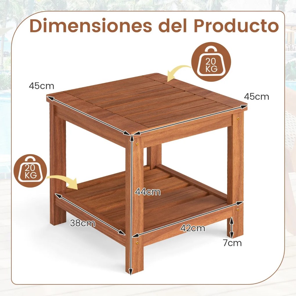 Mesa apoio jardim de 2 níveis em madeira maciça 45 x 45 x 44 cm, com prateleira de arrumação, pequena e quadrada, para pátio, jardim ou terraço Natura