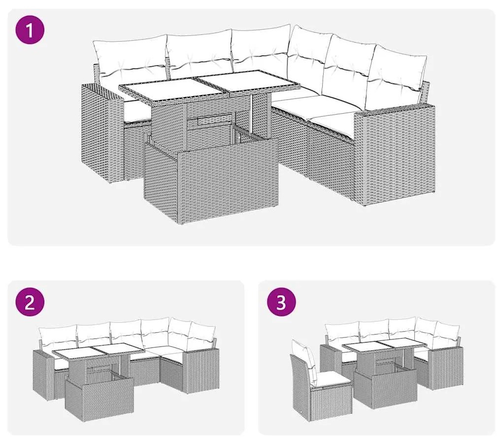 6 pcs conjunto de sofás p/ jardim com almofadões vime PE bege