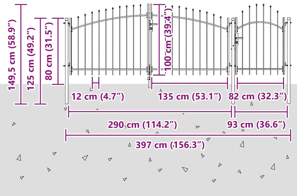 Portão de Jardim Preto com Topo de Lança 100 x 400 cm em Aço
