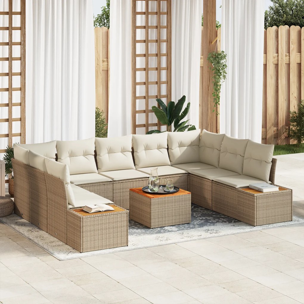 Conjunto de Sofá de Jardim vidaXL com Almofadas Bege Vime Poliéster Acácia