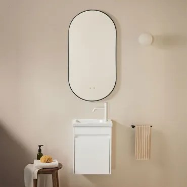 Conjunto De Móvel De Casa De Banho Em Madeira Com Lavatório Integrado Narek Branco & Ovale Led E Antifog Preto 50x100 Cm Asteiro & - Sklum